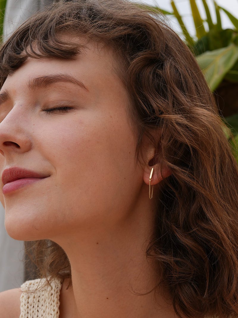 S.Leaf Sterling Silver Gold Chain Earrings for Women Hypoallergenic Stud Cartilage Flat Back Earrings Best Friend Birthday Gifts for Women Trendy Siser Mom Wife Womens Her Friend Party (A_Gold) - Image 3